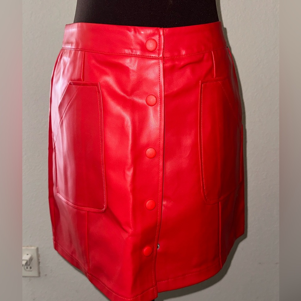 Chaser Red Faux Leather Snap Button-Front Mini Skirt